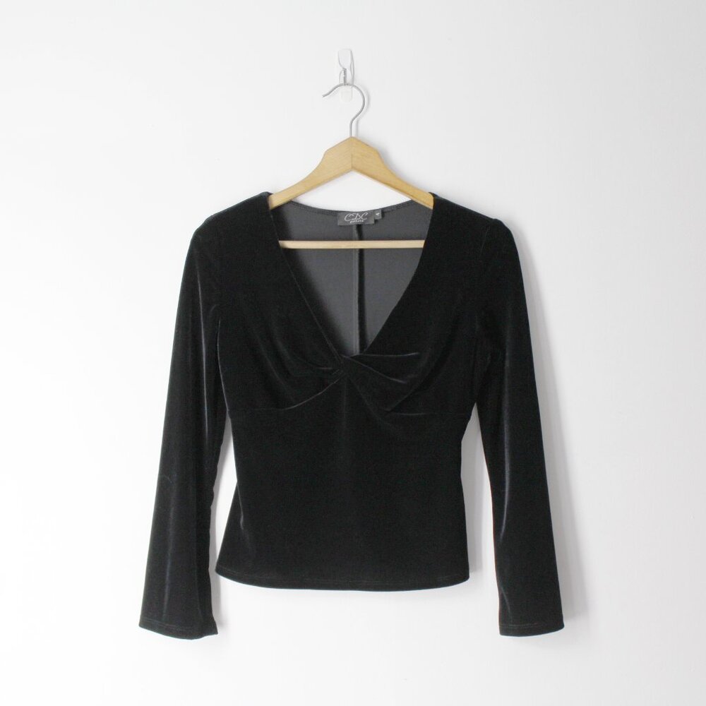 Vintage Y2K black velvet twist V-neck long sleeve fitted blouse top CDC petite 4